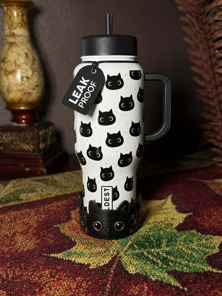Black and Gold Cat Tumbler Boot, Coldest Glowie Meow, Perfect for pet lovers, Fit's Stanley and Coldest Tumblers, Protective Sleeve