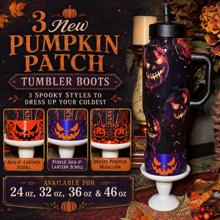 Halloween Pumpkin Patch Tumbler Boots, Purple orange black, Sleeve accessory, fits Coldest and Stanley Tumblers, Unique Gift