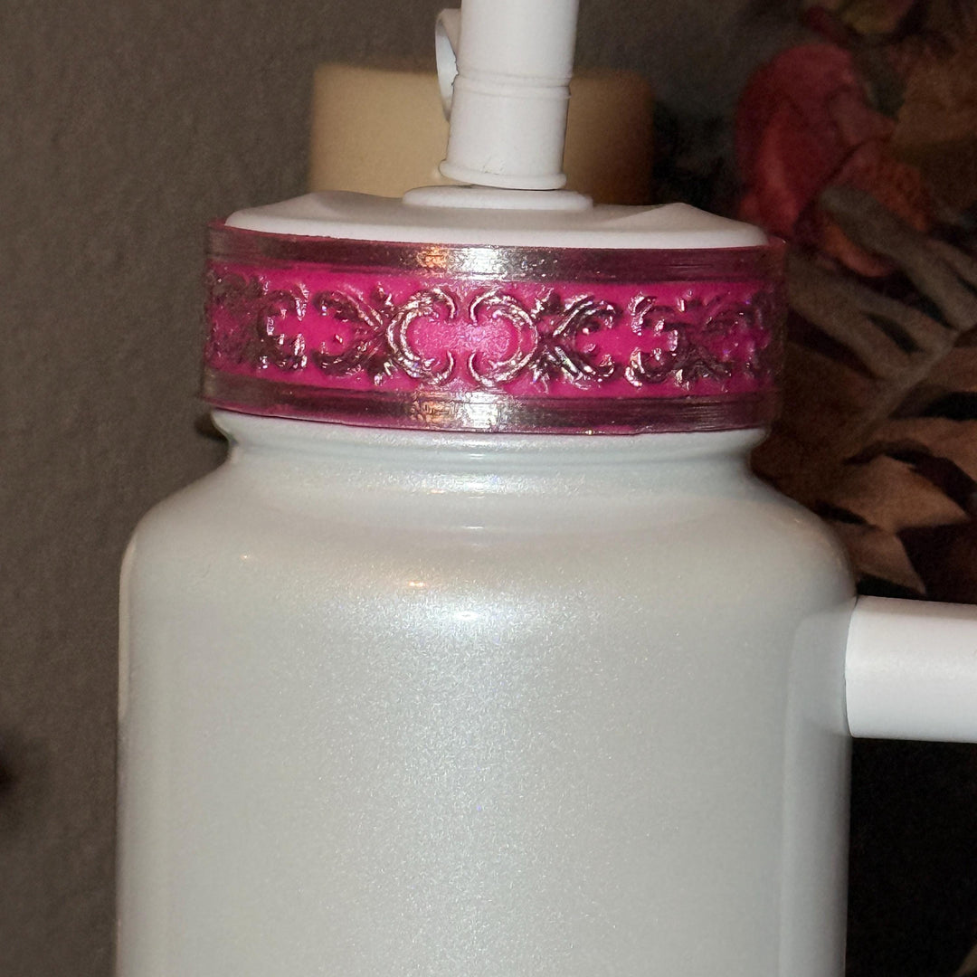 Elegant Hot Pink and Silver Fancy Lace Tumbler Boot, Halo or lid collar Accessory Collection for Stanley and Coldest, Pink Moonlight Floral