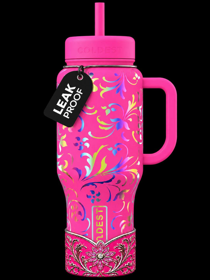 Elegant Hot Pink and Silver Fancy Lace Tumbler Boot, Halo or lid collar Accessory Collection for Stanley and Coldest, Pink Moonlight Floral