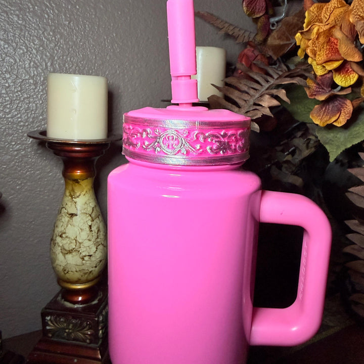 Elegant Hot Pink and Silver Fancy Lace Tumbler Boot, Halo or lid collar Accessory Collection for Stanley and Coldest, Pink Moonlight Floral