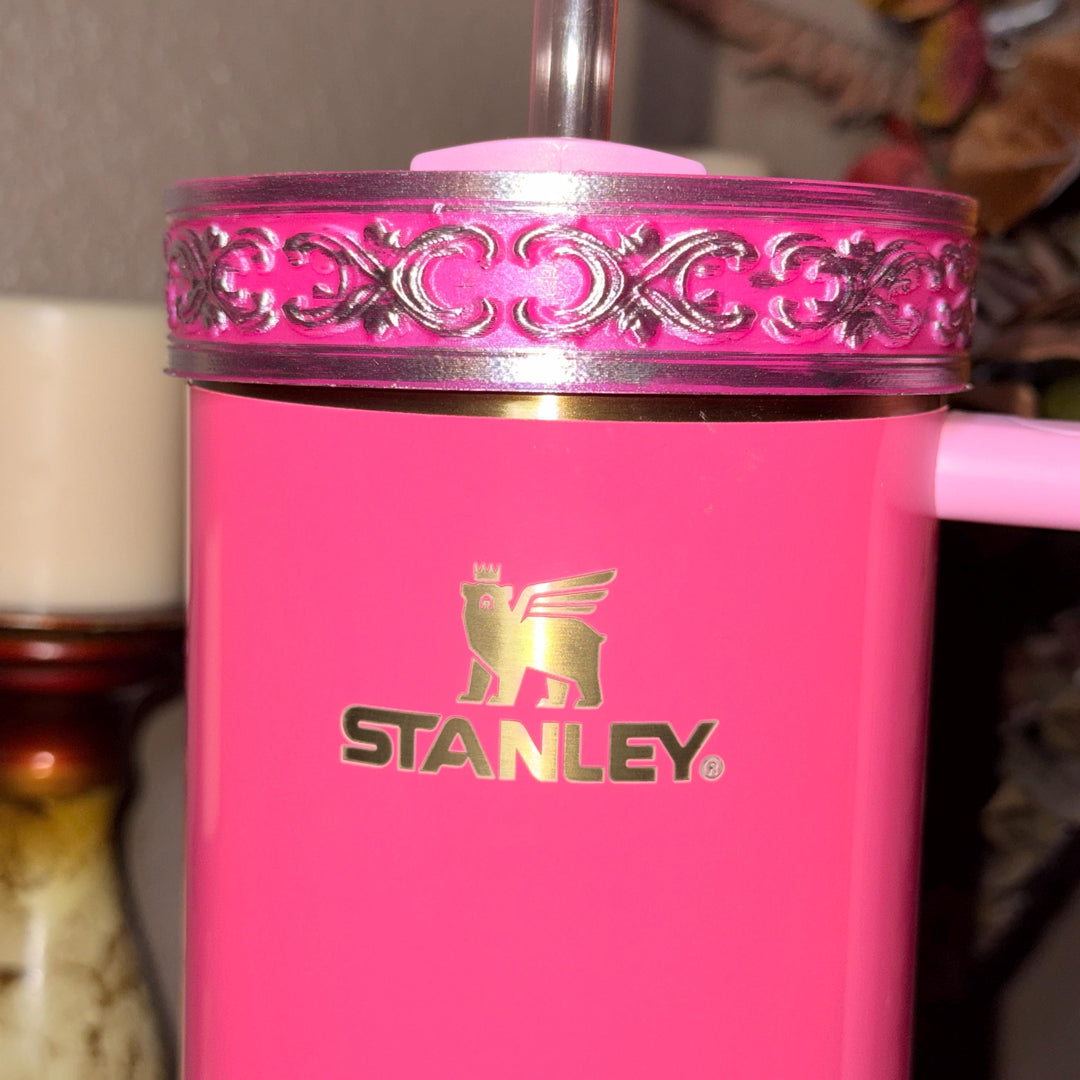 Elegant Hot Pink and Silver Fancy Lace Tumbler Boot, Halo or lid collar Accessory Collection for Stanley and Coldest, Pink Moonlight Floral