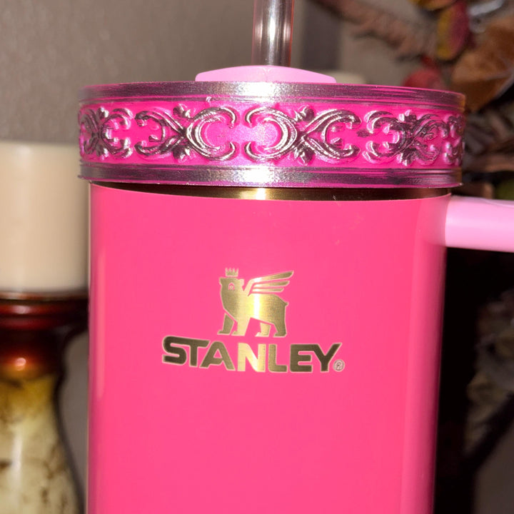 Elegant Hot Pink and Silver Fancy Lace Tumbler Boot, Halo or lid collar Accessory Collection for Stanley and Coldest, Pink Moonlight Floral