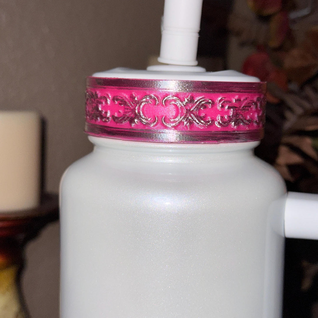 Elegant Hot Pink and Silver Fancy Lace Tumbler Boot, Halo or lid collar Accessory Collection for Stanley and Coldest, Pink Moonlight Floral