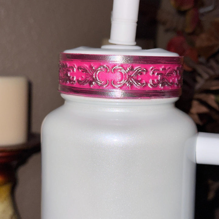 Elegant Hot Pink and Silver Fancy Lace Tumbler Boot, Halo or lid collar Accessory Collection for Stanley and Coldest, Pink Moonlight Floral