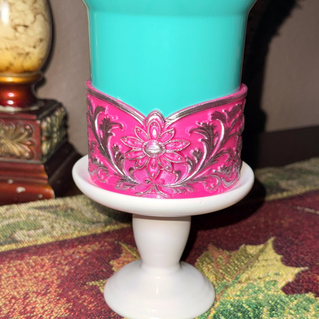 Elegant Hot Pink and Silver Fancy Lace Tumbler Boot, Halo or lid collar Accessory Collection for Stanley and Coldest, Pink Moonlight Floral