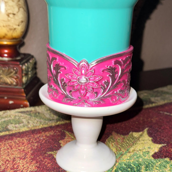 Elegant Hot Pink and Silver Fancy Lace Tumbler Boot, Halo or lid collar Accessory Collection for Stanley and Coldest, Pink Moonlight Floral