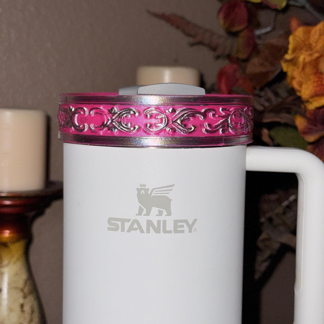 Elegant Hot Pink and Silver Fancy Lace Tumbler Boot, Halo or lid collar Accessory Collection for Stanley and Coldest, Pink Moonlight Floral