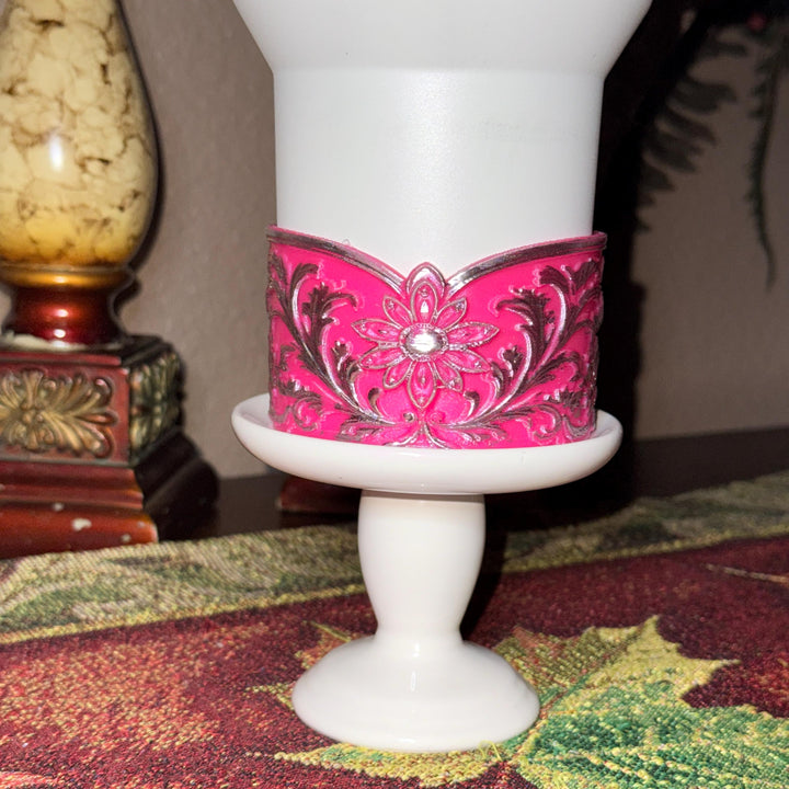 Elegant Hot Pink and Silver Fancy Lace Tumbler Boot, Halo or lid collar Accessory Collection for Stanley and Coldest, Pink Moonlight Floral