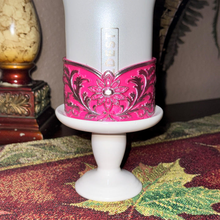 Elegant Hot Pink and Silver Fancy Lace Tumbler Boot, Halo or lid collar Accessory Collection for Stanley and Coldest, Pink Moonlight Floral