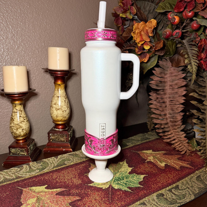 Elegant Hot Pink and Silver Fancy Lace Tumbler Boot, Halo or lid collar Accessory Collection for Stanley and Coldest, Pink Moonlight Floral