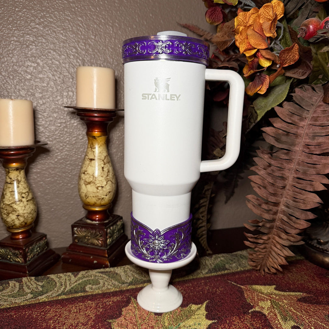 Elegant Purple and Silver Fancy Lace Tumbler Boot, Halo or lid collar Collection for tumblers, Stanley and Coldest Secret Garden accessories