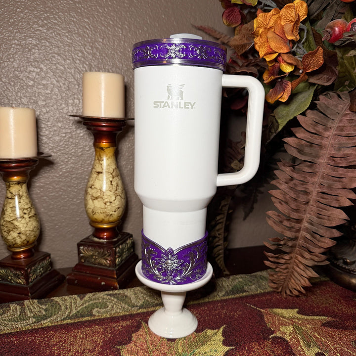 Elegant Purple and Silver Fancy Lace Tumbler Boot, Halo or lid collar Collection for tumblers, Stanley and Coldest Secret Garden accessories