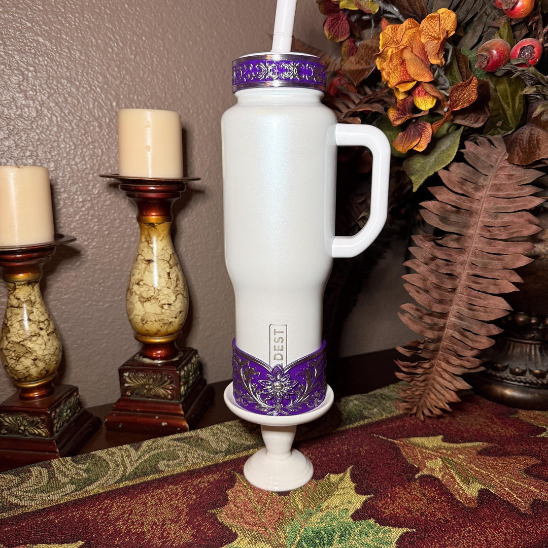 Elegant Purple and Silver Fancy Lace Tumbler Boot, Halo or lid collar Collection for tumblers, Stanley and Coldest Secret Garden accessories