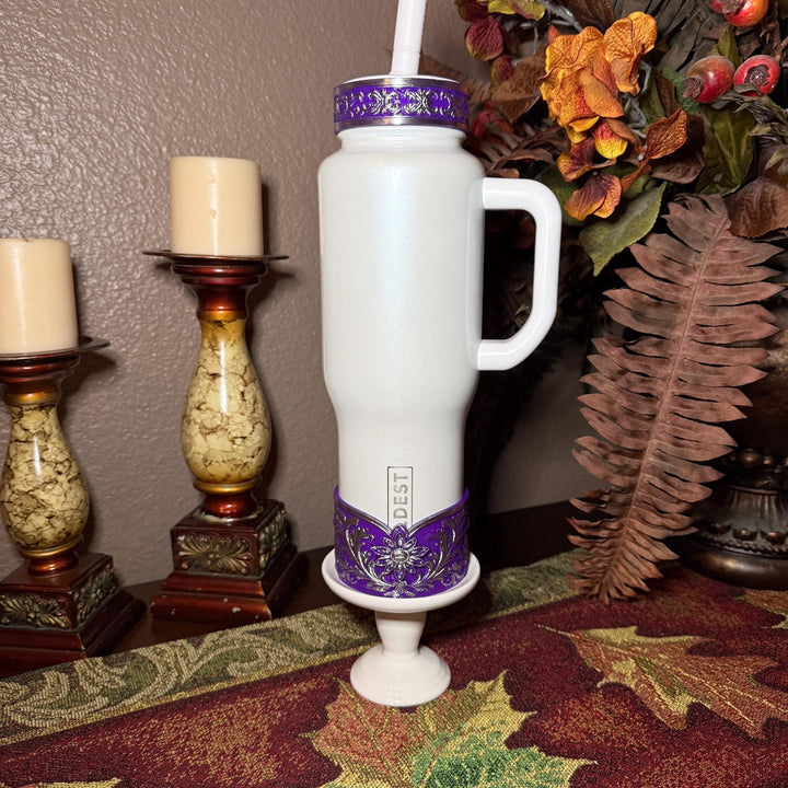 Elegant Purple and Silver Fancy Lace Tumbler Boot, Halo or lid collar Collection for tumblers, Stanley and Coldest Secret Garden accessories
