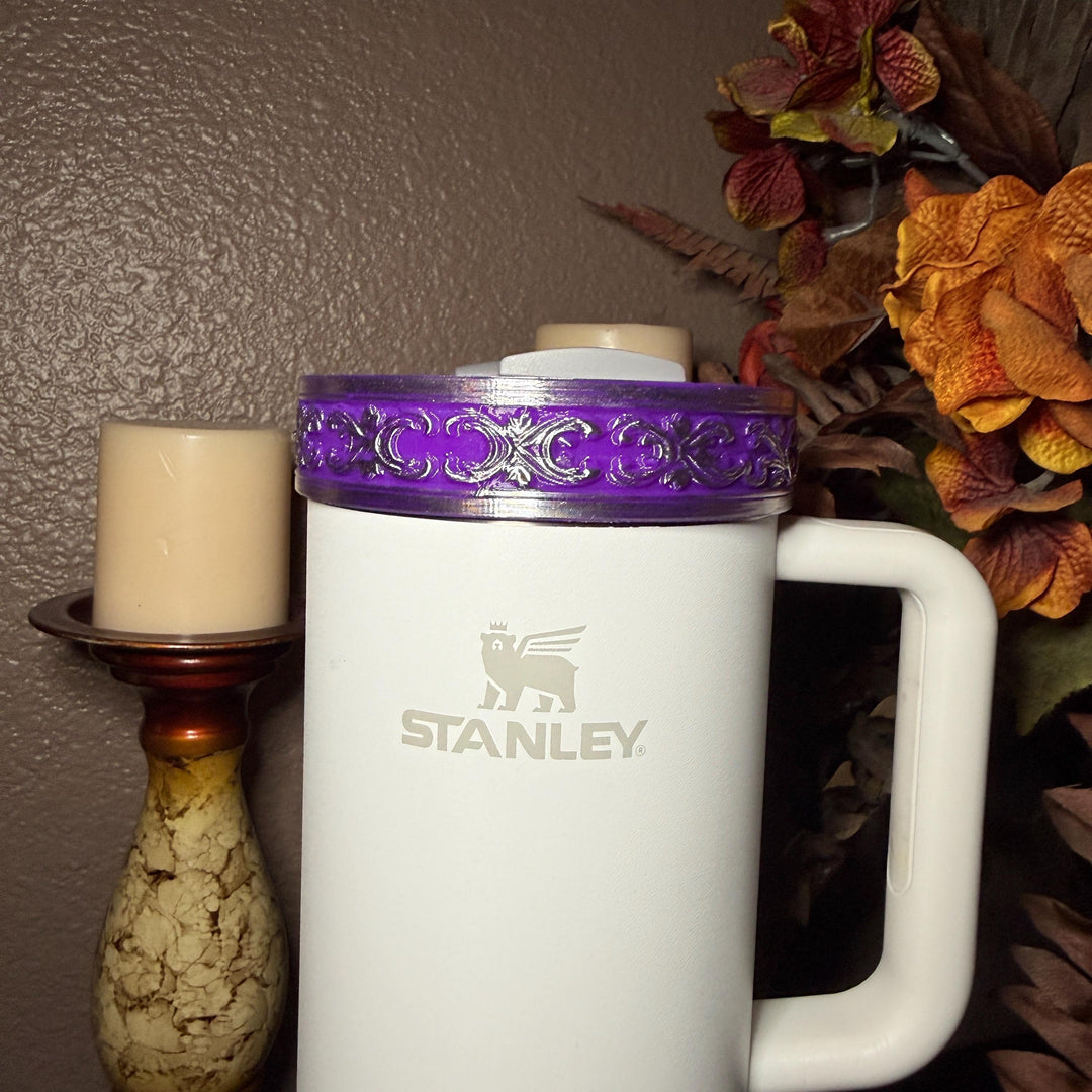 Elegant Purple and Silver Fancy Lace Tumbler Boot, Halo or lid collar Collection for tumblers, Stanley and Coldest Secret Garden accessories