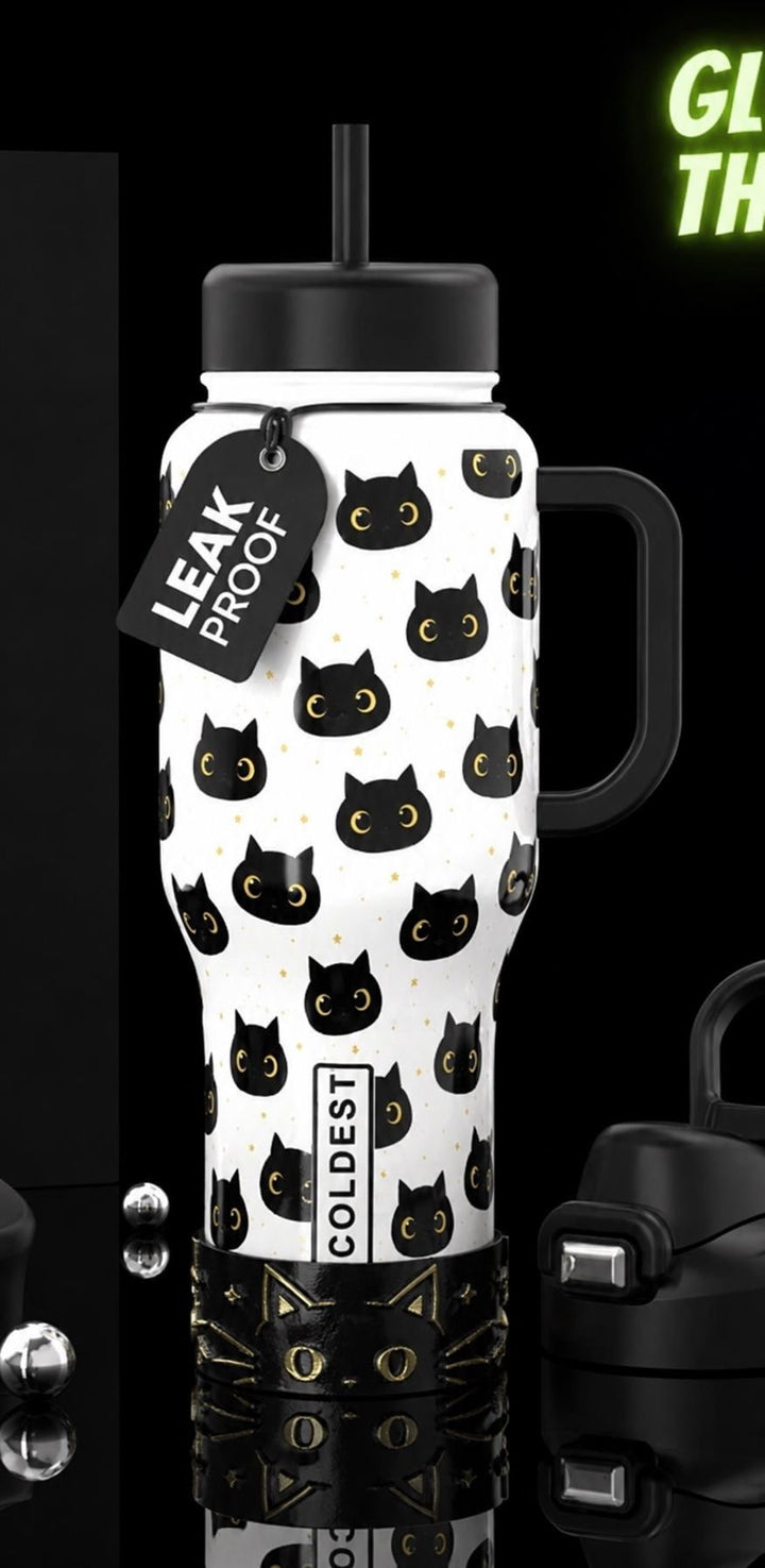 Whisker Cat Tumbler Boot, black with gold accents, Coldest Glowie Meow, Fit's Stanley and Coldest Tumblers, Protective Sleeve