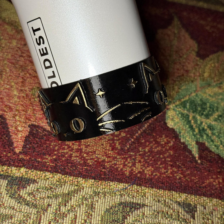Whisker Cat Tumbler Boot, black with gold accents, Coldest Glowie Meow, Fit's Stanley and Coldest Tumblers, Protective Sleeve