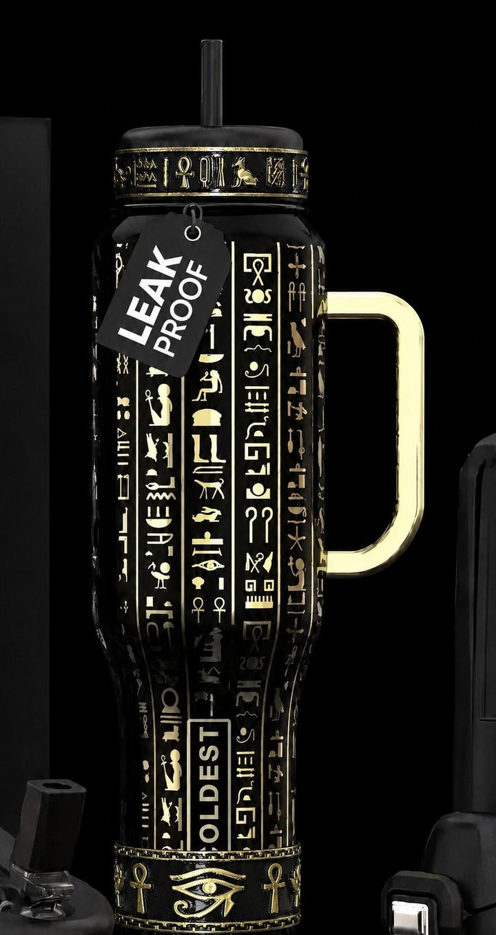 Egyptian Tumbler Boot or Lid Collar, Gold and Black Hieroglyphic Cup Accessories, Compatible with Coldest Water Tumblers