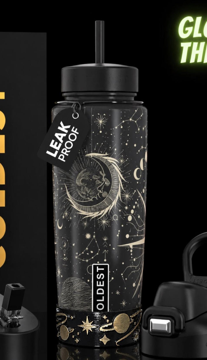 Celestial Sun Moon Plantes Tumbler Boot, black with gold accents, Coldest Big Bang, Fit's Stanley and Coldest Tumblers, Protective Sleeve
