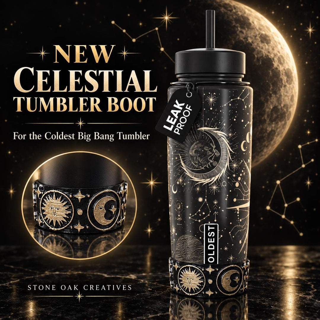 Celestial Sun Moon Plantes Tumbler Boot, black with gold accents, Coldest Big Bang, Fit's Stanley and Coldest Tumblers, Protective Sleeve