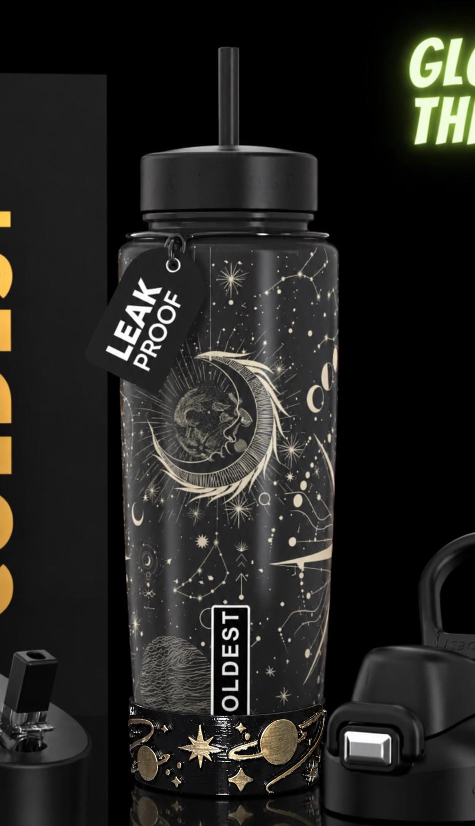 Celestial Sun Moon Plantes Tumbler Boot, black with gold accents, Coldest Big Bang, Fit's Stanley and Coldest Tumblers, Protective Sleeve
