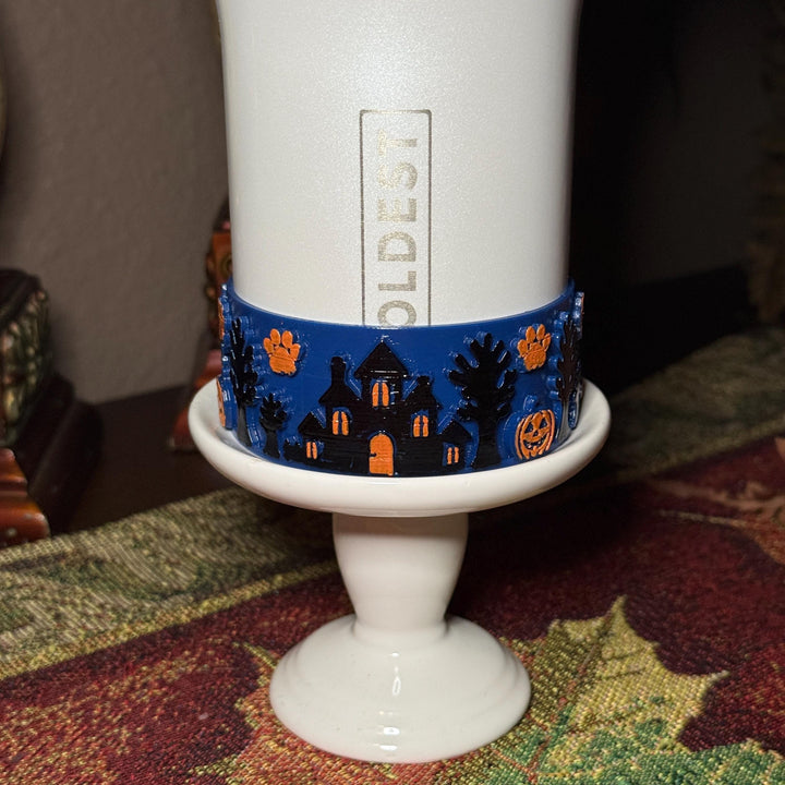 Paw or Treat Tumbler Boot, Haunted House Cup Accessory, Blue Orange Halloween Sleeve, for Coldest and Stanley, Hand Painted