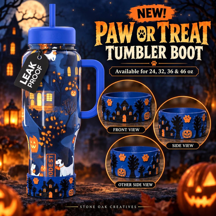 Paw or Treat Tumbler Boot, Haunted House Cup Accessory, Blue Orange Halloween Sleeve, for Coldest and Stanley, Hand Painted