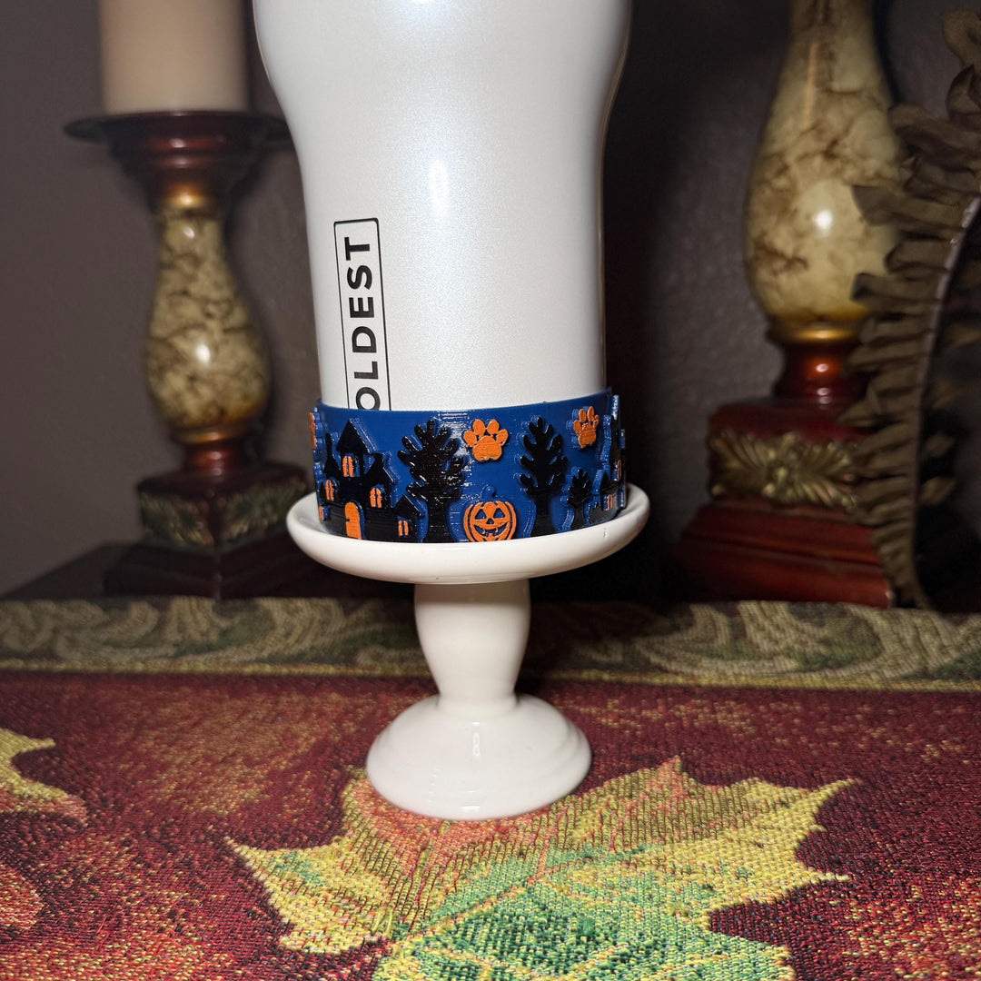 Paw or Treat Tumbler Boot, Haunted House Cup Accessory, Blue Orange Halloween Sleeve, for Coldest and Stanley, Hand Painted