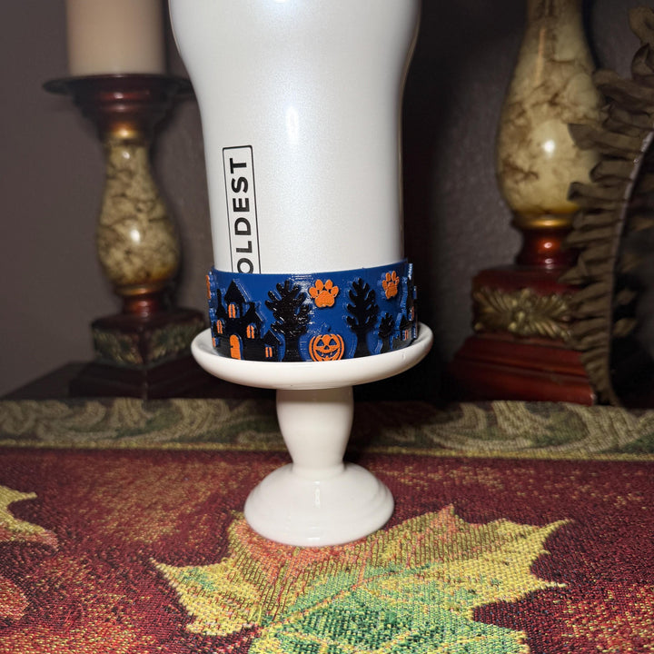 Paw or Treat Tumbler Boot, Haunted House Cup Accessory, Blue Orange Halloween Sleeve, for Coldest and Stanley, Hand Painted