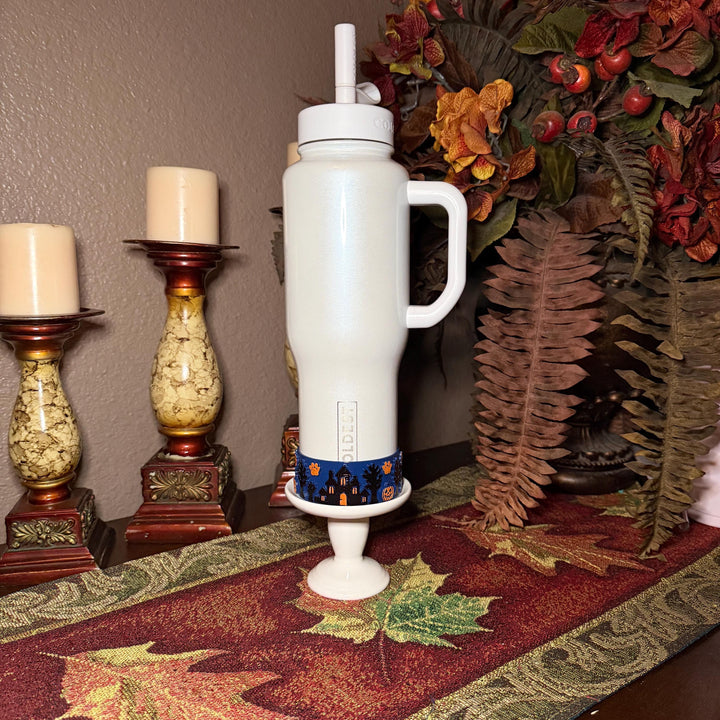 Paw or Treat Tumbler Boot, Haunted House Cup Accessory, Blue Orange Halloween Sleeve, for Coldest and Stanley, Hand Painted