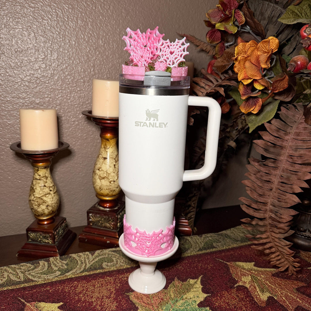 Pink Sugar Heart Spider Web Tumbler lid topper, boot or straw topper, Halloween Tumbler Sleeve, Target Stanley, Unique Gift