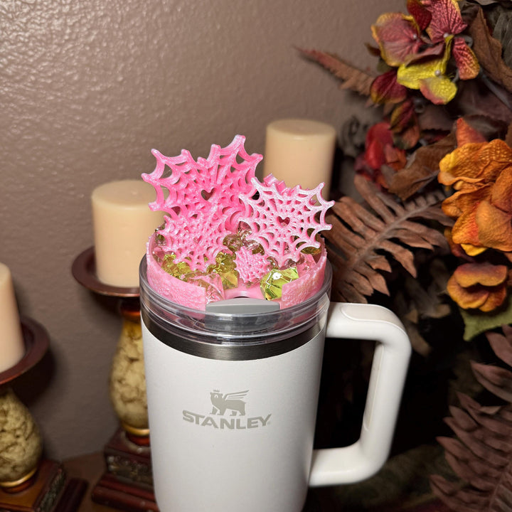 Pink Sugar Heart Spiderweb Tumbler lid topper, boot or straw topper, Halloween Tumbler Sleeve, Target Stanley, Unique Gift