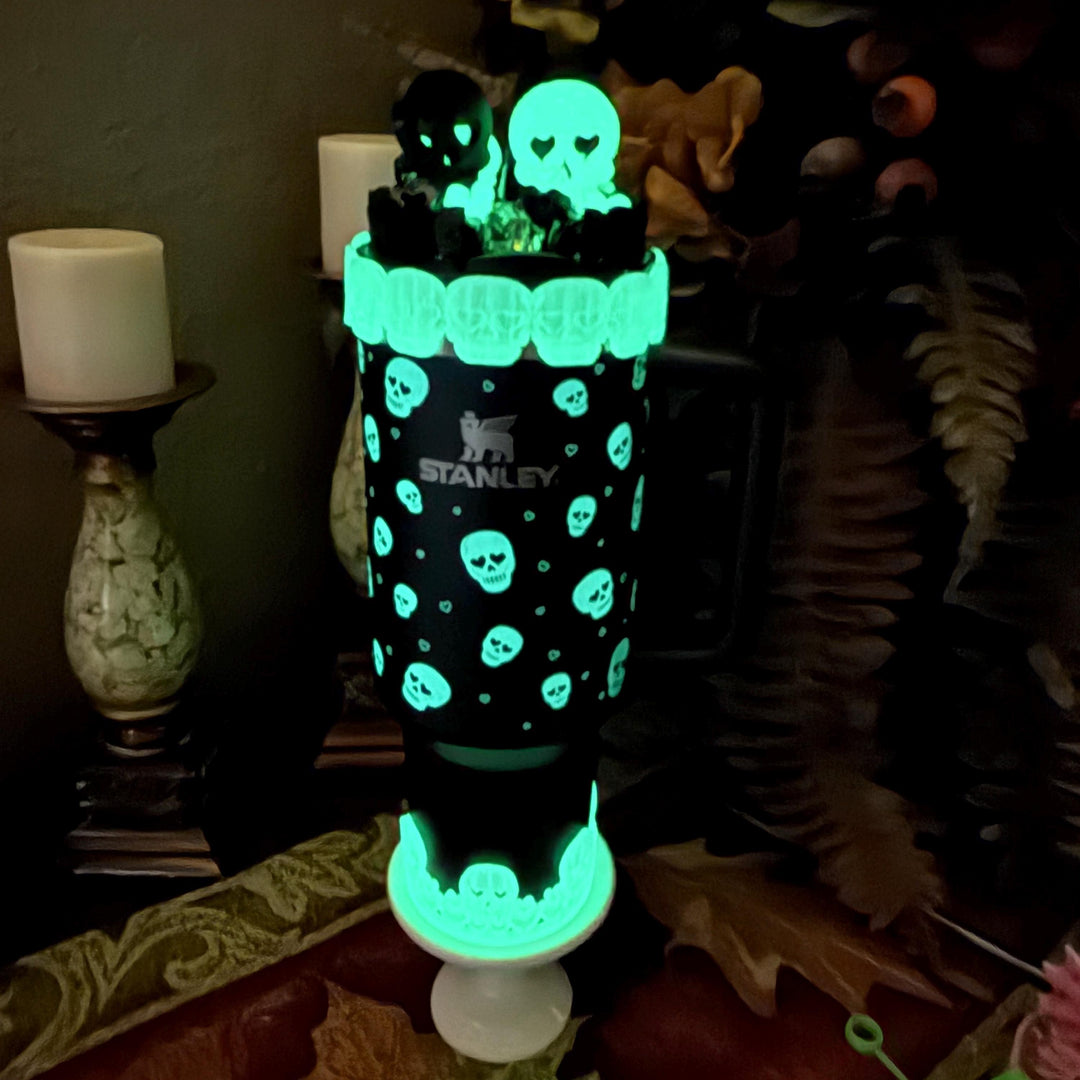 Sweetheart Skulls Stanley Accessories, Glow , Neon, Black, Silver Skull Tumbler Boot, Lid Collar & Topper, Target Gothic Valentine Cup Decor