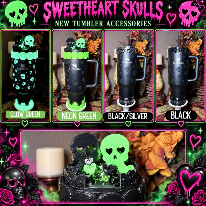 Sweetheart Skulls Stanley Accessories, Glow , Neon, Black, Silver Skull Tumbler Boot, Lid Collar & Topper, Target Gothic Valentine Cup Decor