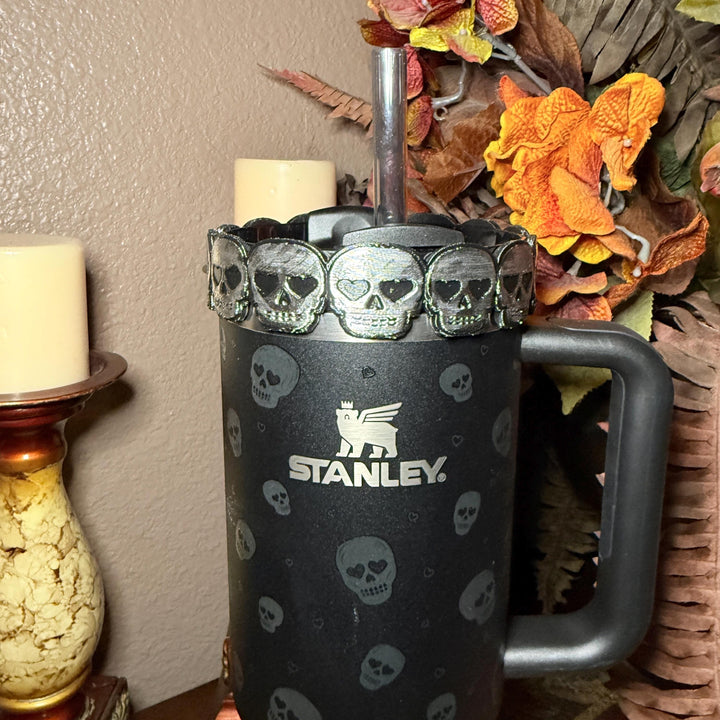 Sweetheart Skulls Stanley Accessories, Glow , Neon, Black, Silver Skull Tumbler Boot, Lid Collar & Topper, Target Gothic Valentine Cup Decor