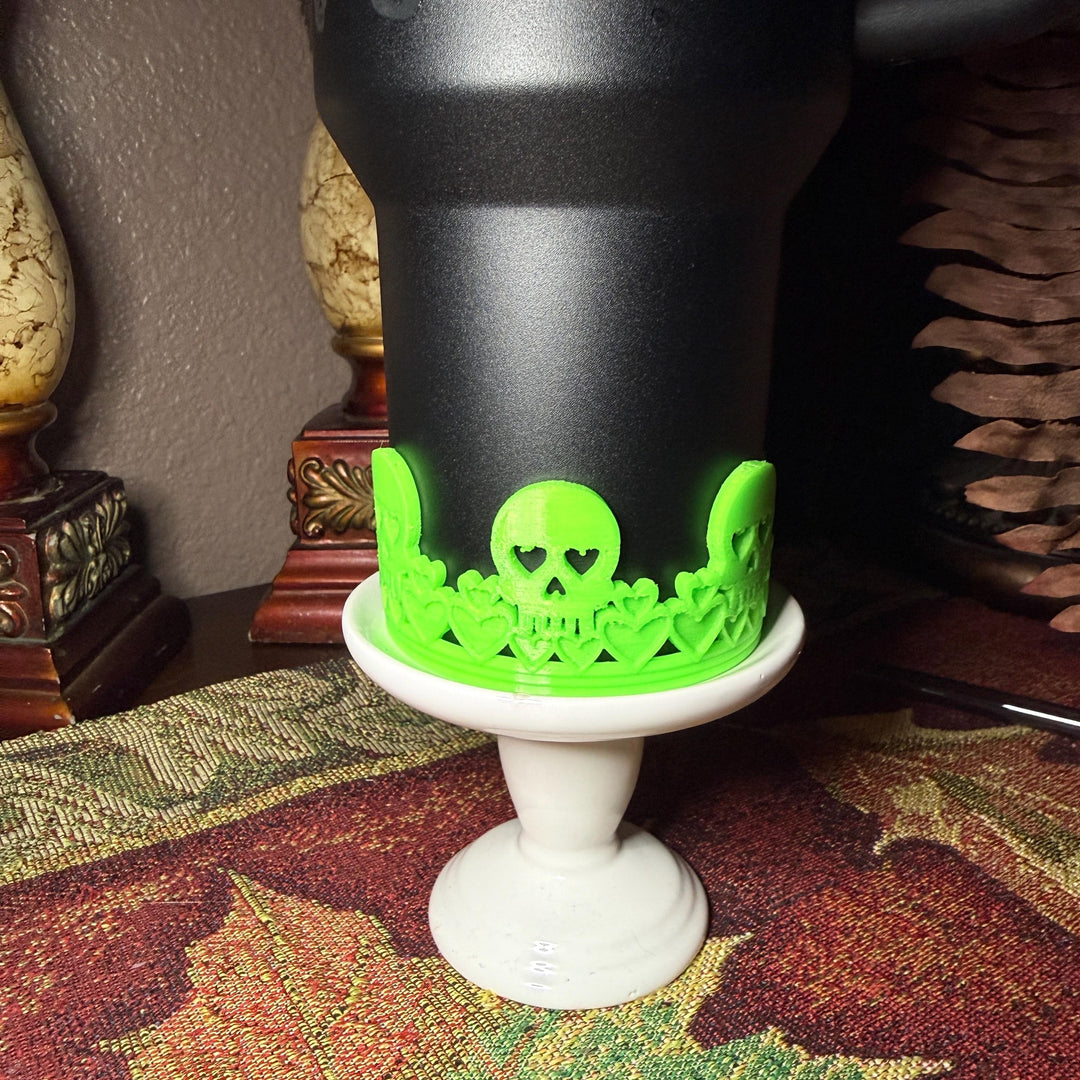 Sweetheart Skulls Stanley Accessories, Glow , Neon, Black, Silver Skull Tumbler Boot, Lid Collar & Topper, Target Gothic Valentine Cup Decor