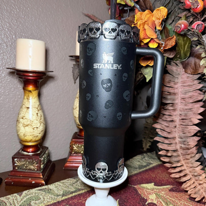 Black and Silver Sweetheart Skulls Stanley Accessories, Skull Tumbler Boot, Lid Collar & Topper, Target Gothic Valentine Cup Decor