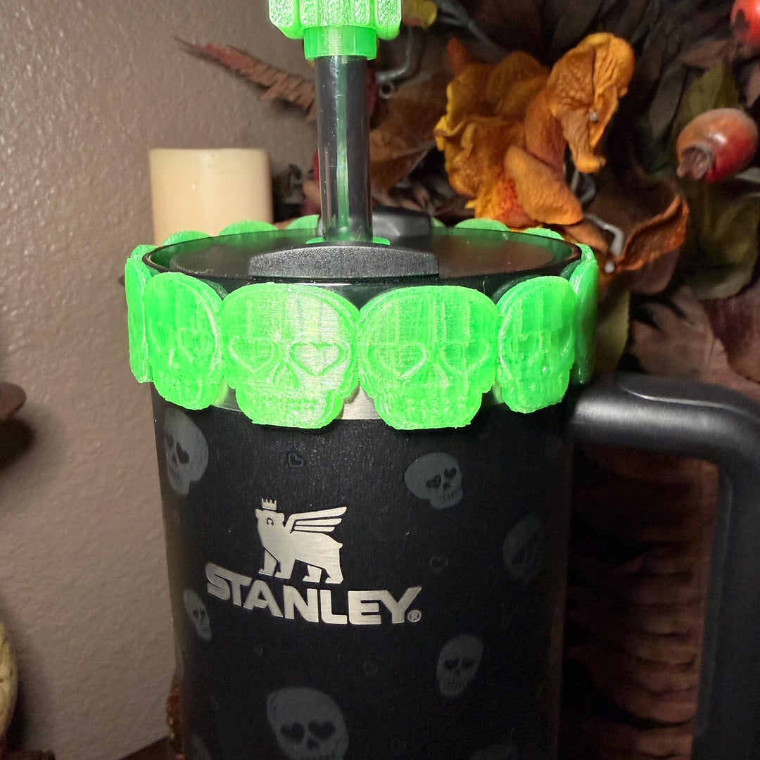 Sweetheart Skulls Stanley Accessories, Glow , Neon, Black, Silver Skull Tumbler Boot, Lid Collar & Topper, Target Gothic Valentine Cup Decor