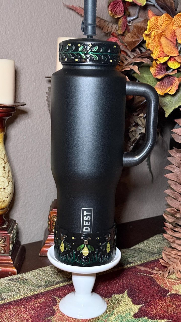 Glowie Baby Fireflies Tumbler Boot or Lid Collar, Coldest Cup Accessory, Leafy Vine or Firefly Design, Hand Painted 3D Printed Gift