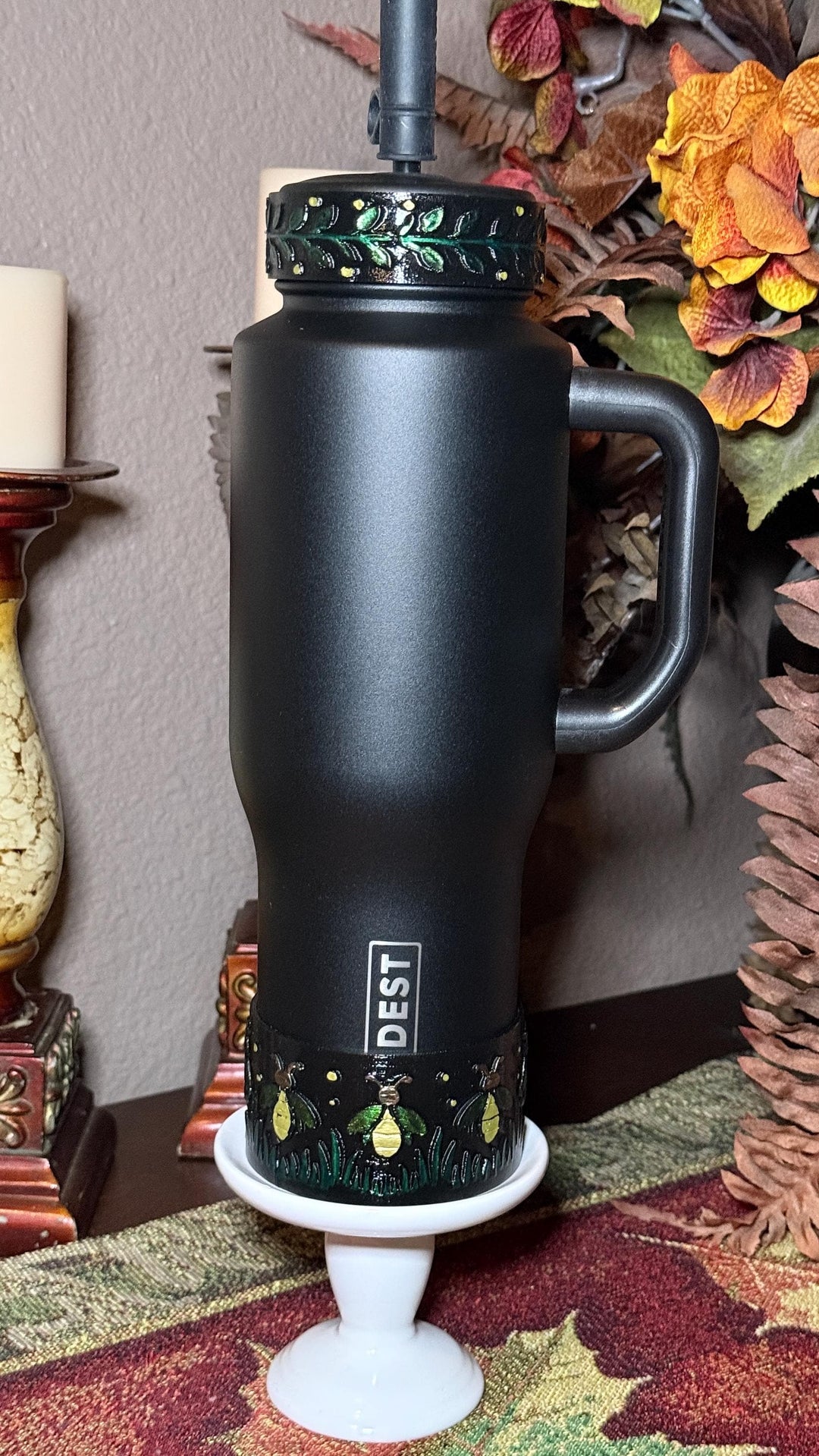 Glowie Baby Fireflies Tumbler Boot or Lid Collar, Coldest Cup Accessory, Leafy Vine or Firefly Design, Hand Painted 3D Printed Gift