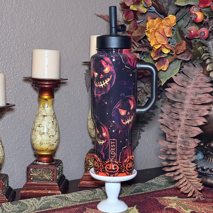Halloween Pumpkin Patch Tumbler Boots, Purple orange black, Sleeve accessory, fits Coldest and Stanley Tumblers, Unique Gift