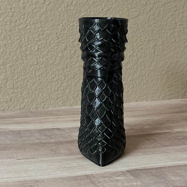 Dragonscale High Heel Boot Vase Make-up brush holder, Black Halloween Decor, Gothic Black Boot Floral, Dark Home Accent