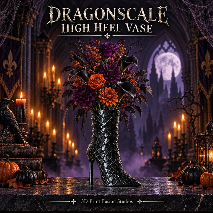 Dragonscale High Heel Boot Vase Make-up brush holder, Black Halloween Decor, Gothic Black Boot Floral, Dark Home Accent