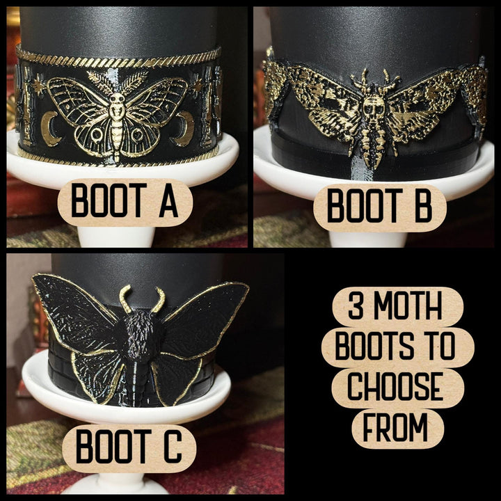 Black Magic Moth Spellcaster Tumbler Boot, Halo, lid topper, straw topper, gothic accessories black with gold accents, for Stanley Tumblers
