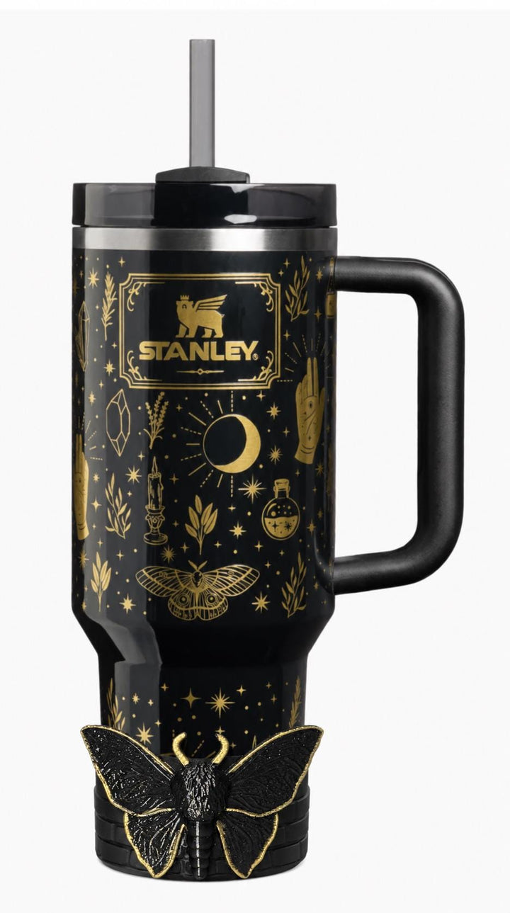 Black Magic Moth Spellcaster Tumbler Boot, Halo, lid topper, straw topper, gothic accessories black with gold accents, for Stanley Tumblers