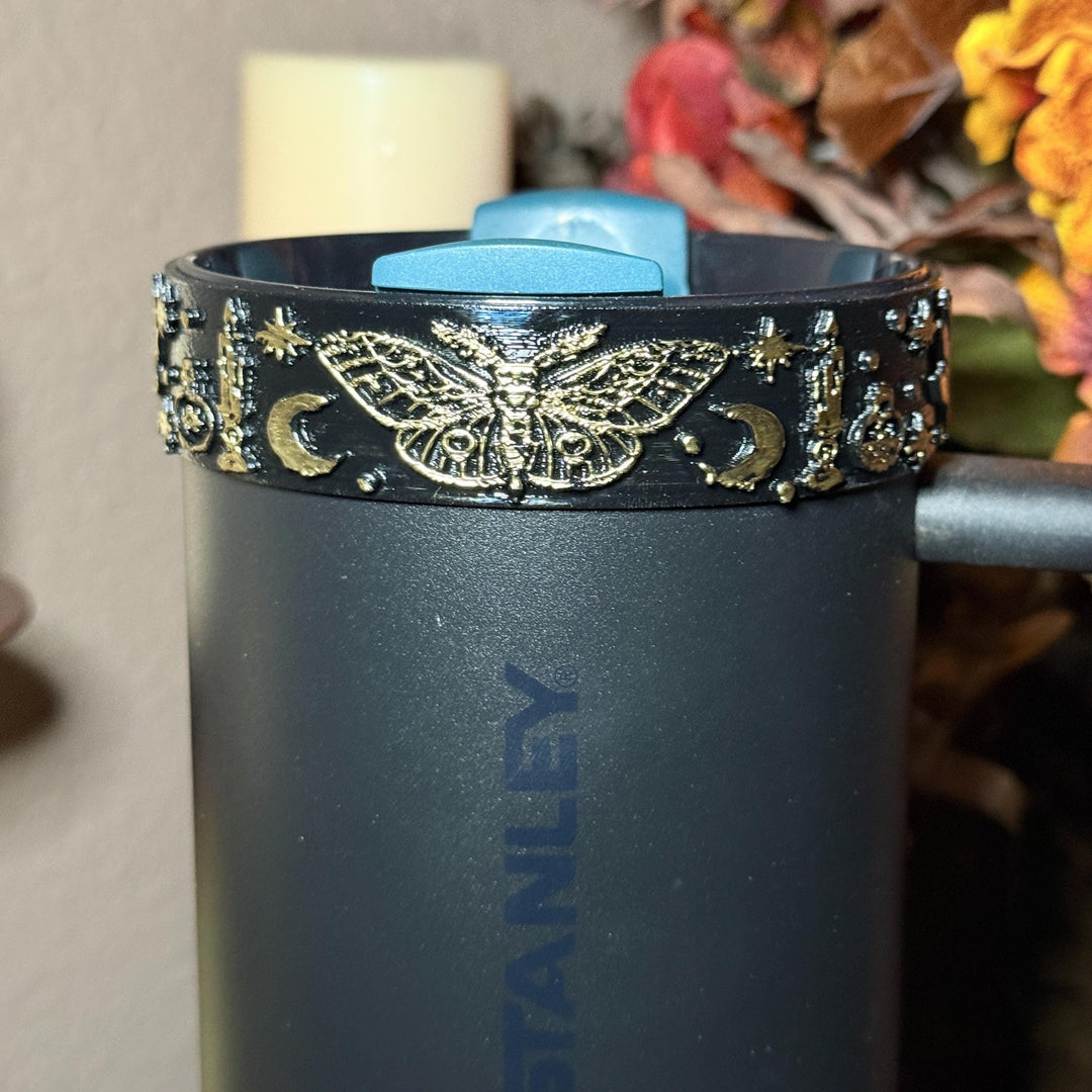 Black Magic Moth Spellcaster Tumbler Boot, Halo, lid topper, straw topper, gothic accessories black with gold accents, for Stanley Tumblers