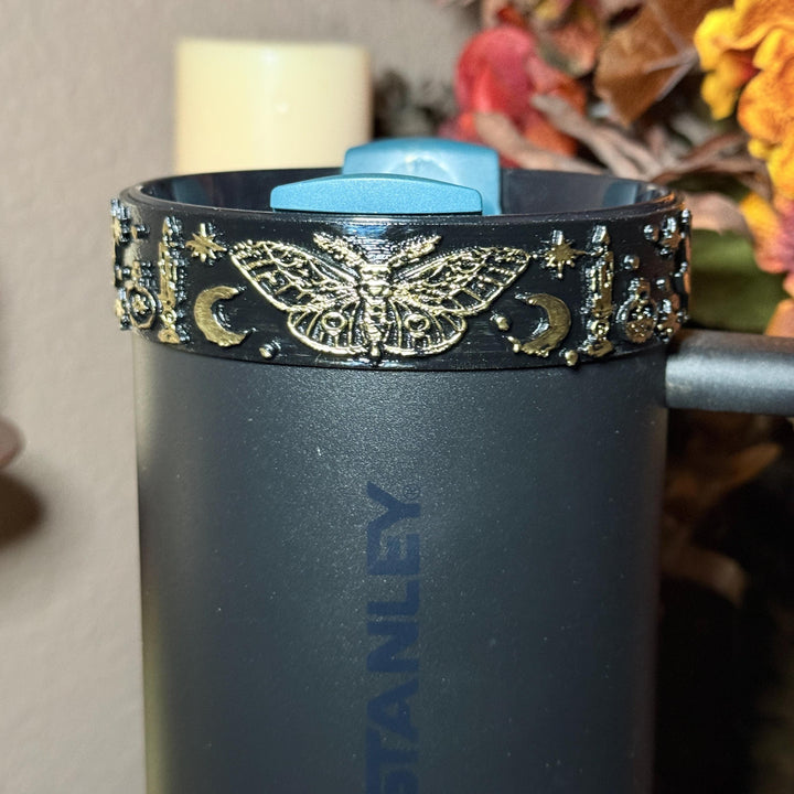 Black Magic Moth Spellcaster Tumbler Boot, Halo, lid topper, straw topper, gothic accessories black with gold accents, for Stanley Tumblers