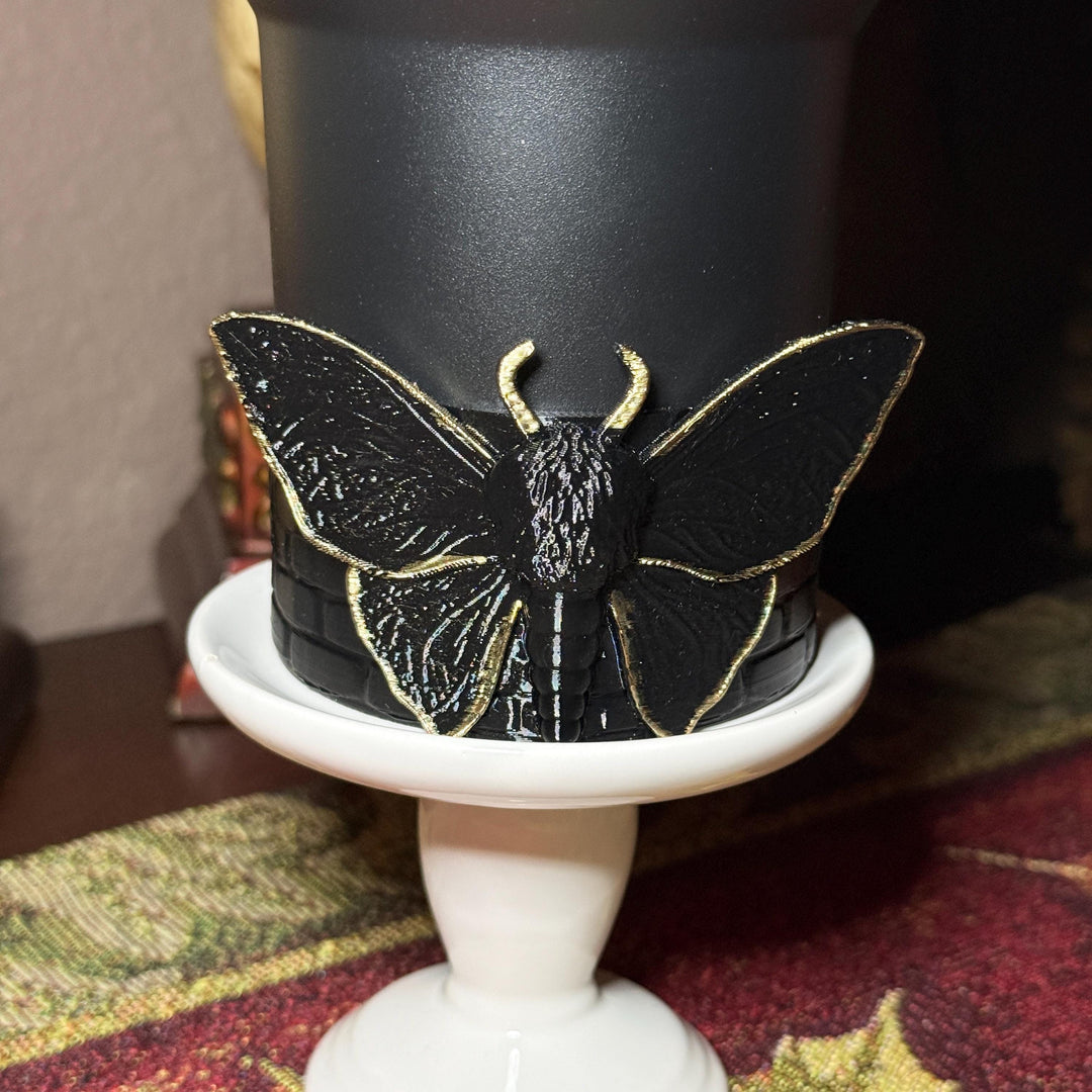 Black Magic Moth Spellcaster Tumbler Boot, Halo, lid topper, straw topper, gothic accessories black with gold accents, for Stanley Tumblers