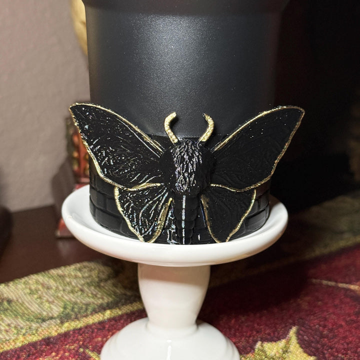 Black Magic Moth Spellcaster Tumbler Boot, Halo, lid topper, straw topper, gothic accessories black with gold accents, for Stanley Tumblers